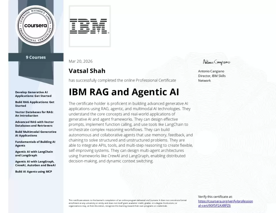 IBM RAG and Agentic AI — Vatsal Shah credential