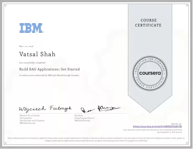 Build RAG Applications: Get Started — Vatsal Shah credential
