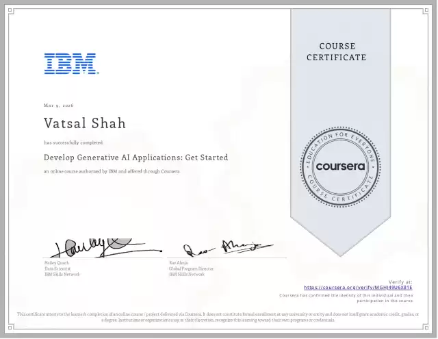 Develop Generative AI Applications: Get Started — Vatsal Shah credential
