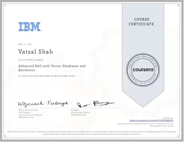 Advanced RAG with Vector Databases and Retrievers — Vatsal Shah credential