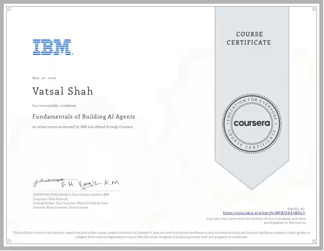 Fundamentals of Building AI Agents — Vatsal Shah credential