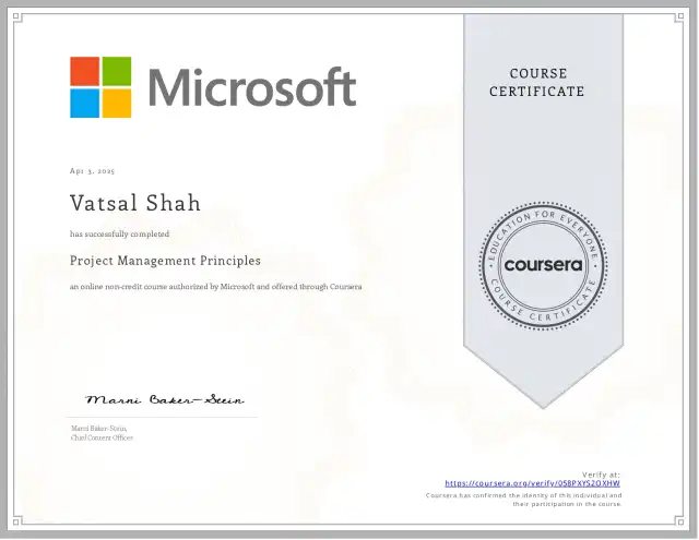 Project Management Principles — Vatsal Shah credential