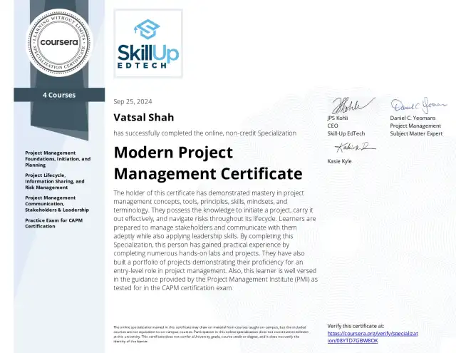 Modern Project Management Certificate — Vatsal Shah credential