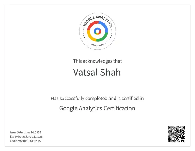 Google Analytics Certification — Vatsal Shah credential