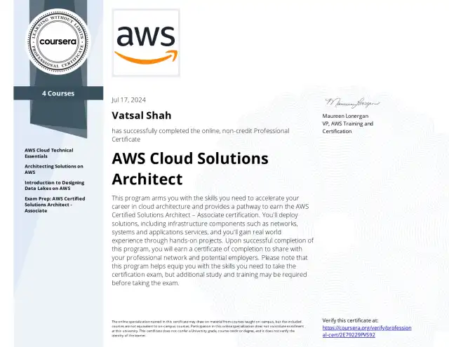 AWS Cloud Solutions Architect — Vatsal Shah credential