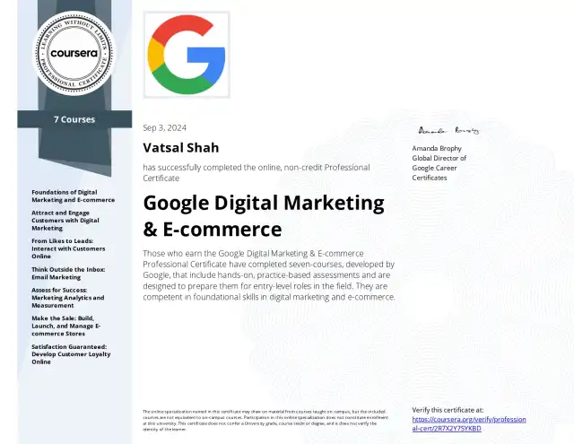 Google Digital Marketing &amp; E-commerce — Vatsal Shah credential
