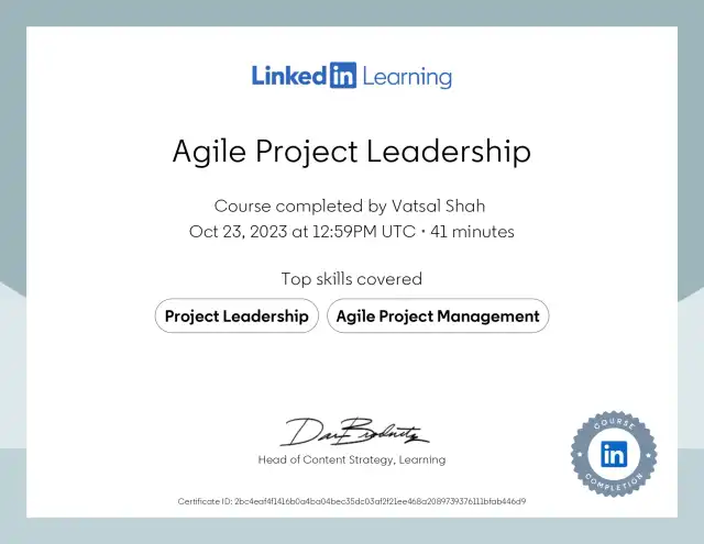 Agile Project Leadership — Vatsal Shah credential