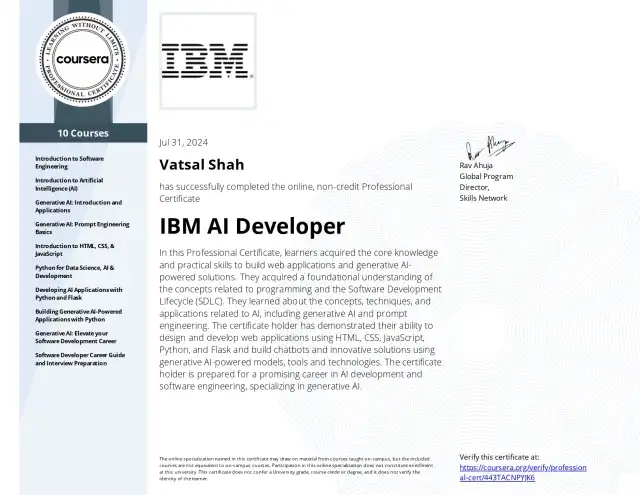 IBM AI Developer — Vatsal Shah credential
