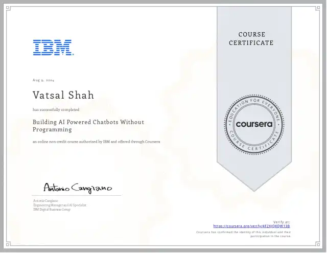 Building AI-Powered Chatbots Without Programming — Vatsal Shah credential