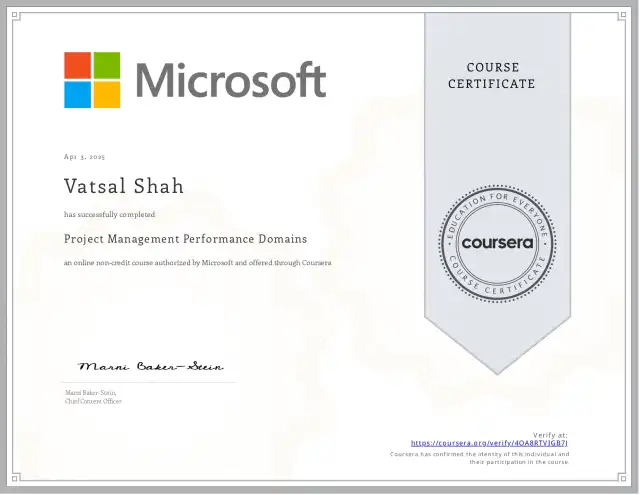 Project Management Performance Domains — Vatsal Shah credential
