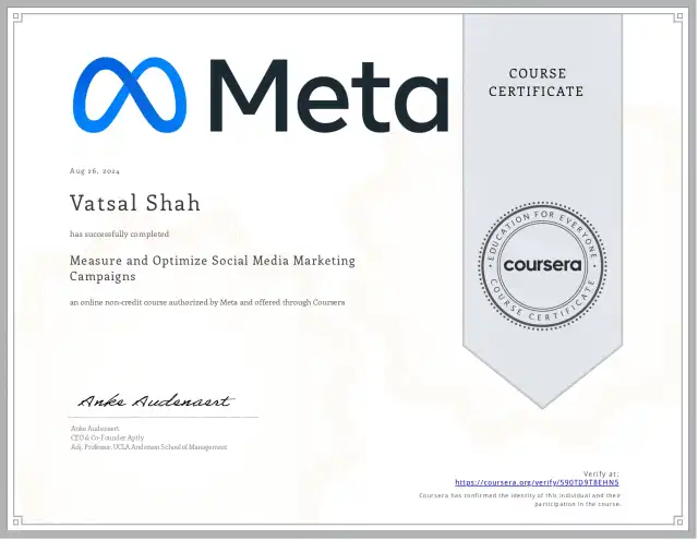 Measure and Optimize Social Media Marketing Campaigns — Vatsal Shah credential