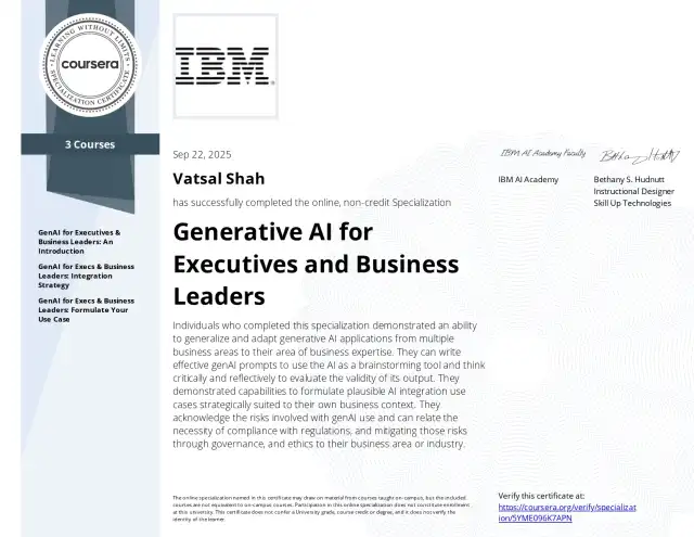 Generative AI for Executives and Business Leaders — Vatsal Shah credential