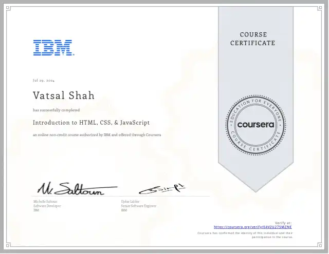 Introduction to HTML, CSS, &amp; JavaScript — Vatsal Shah credential