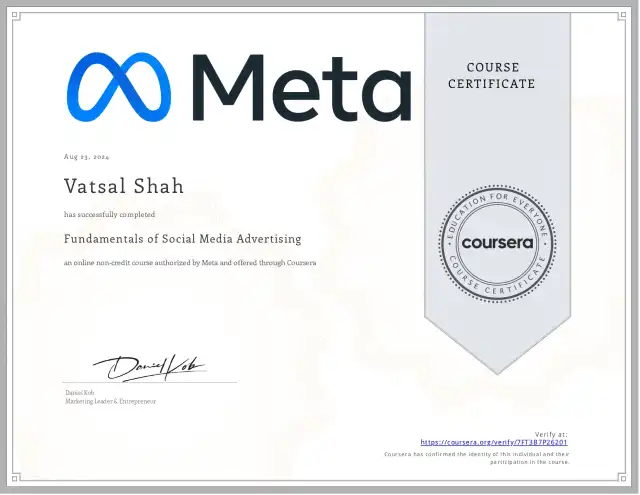 Fundamentals of Social Media Advertising — Vatsal Shah credential
