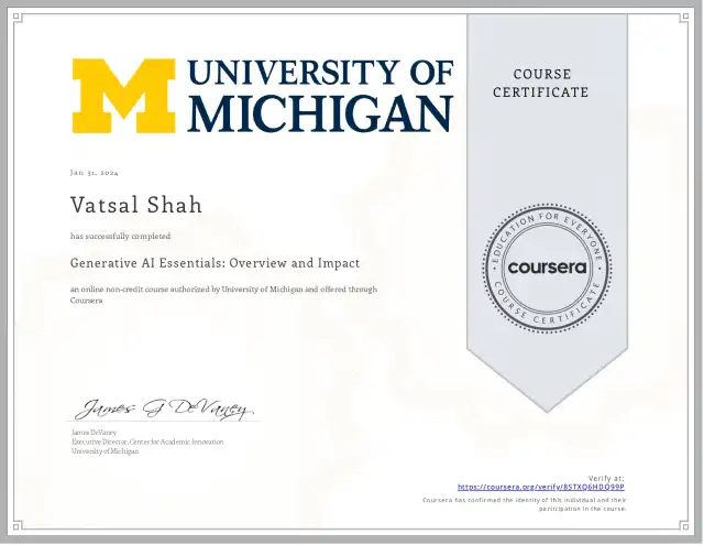 Generative AI Essentials: Overview and Impact — Vatsal Shah credential