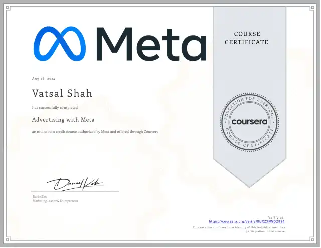 Advertising with Meta — Vatsal Shah credential
