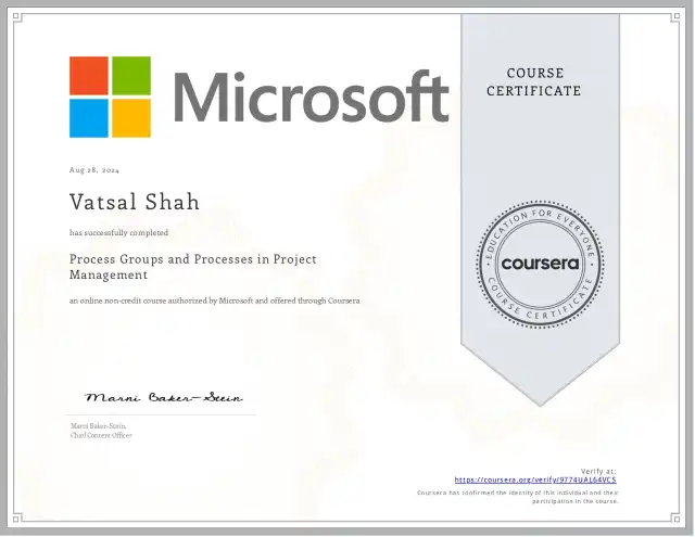 Process Groups and Processes in Project Management — Vatsal Shah credential