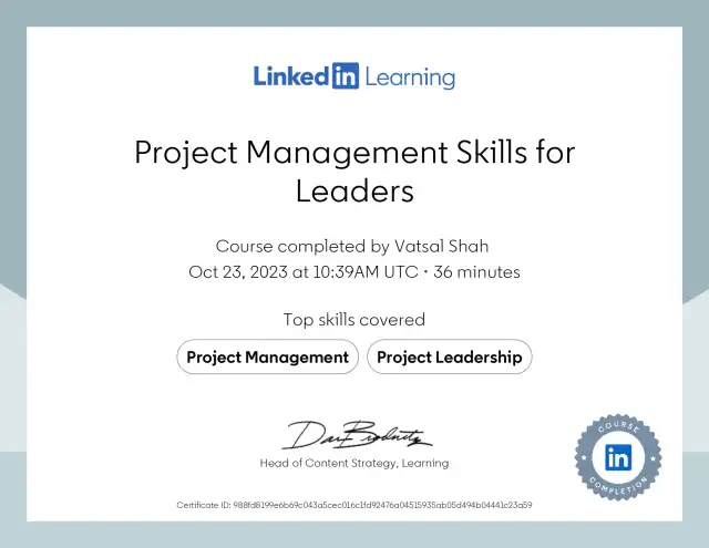 Project Management Skills for Leaders — Vatsal Shah credential