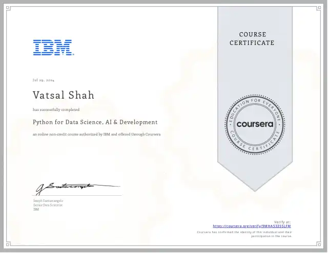 Python for Data Science, AI &amp; Development — Vatsal Shah credential