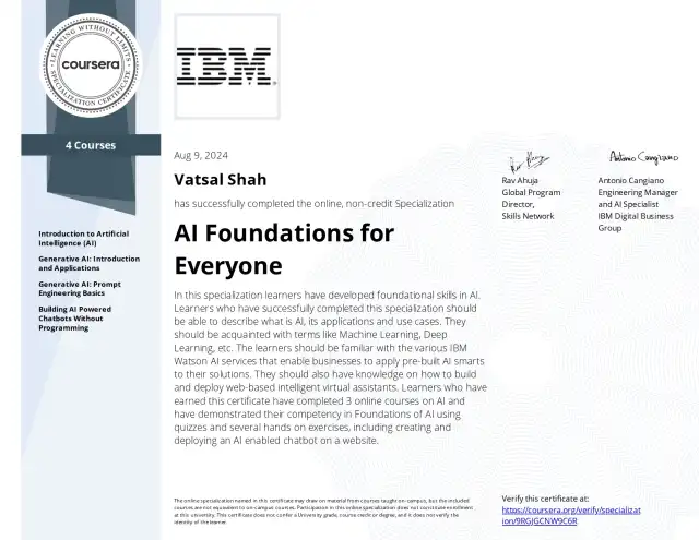 AI Foundations for Everyone — Vatsal Shah credential