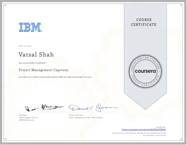 Project Management Capstone — Vatsal Shah credential