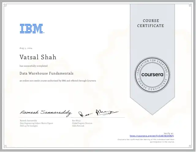 Data Warehouse Fundamentals — Vatsal Shah credential