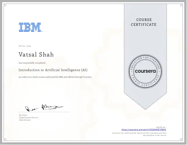 Introduction to Artificial Intelligence (AI) — Vatsal Shah credential