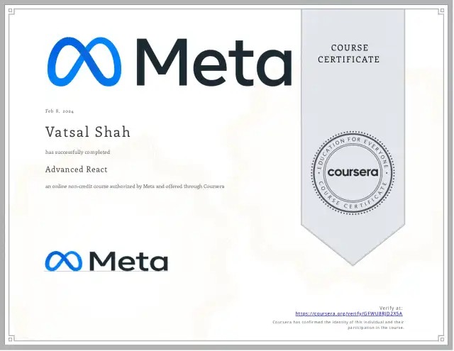 Advanced React — Vatsal Shah credential