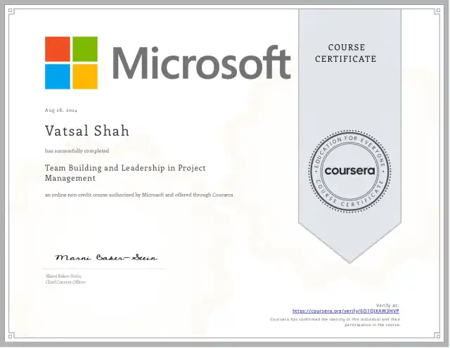 Team Building and Leadership in Project Management — Vatsal Shah credential