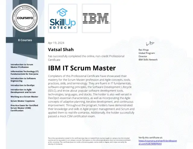 IBM IT Scrum Master — Vatsal Shah credential