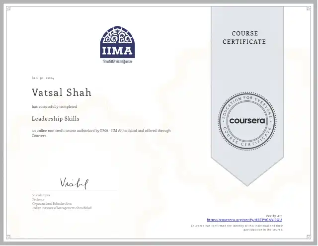Leadership Skills — Vatsal Shah credential