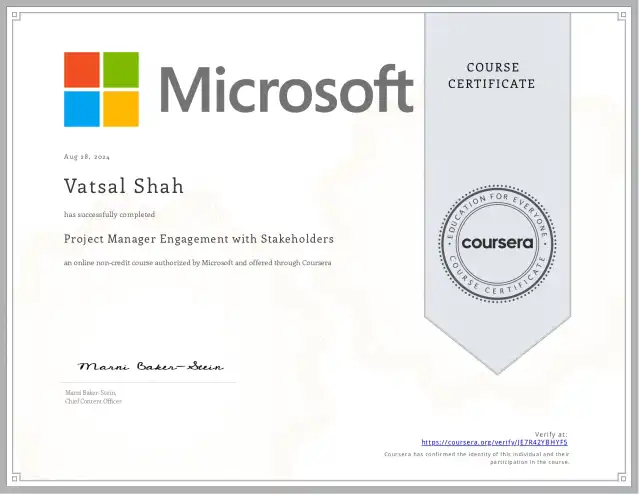 Project Manager Engagement with Stakeholders — Vatsal Shah credential