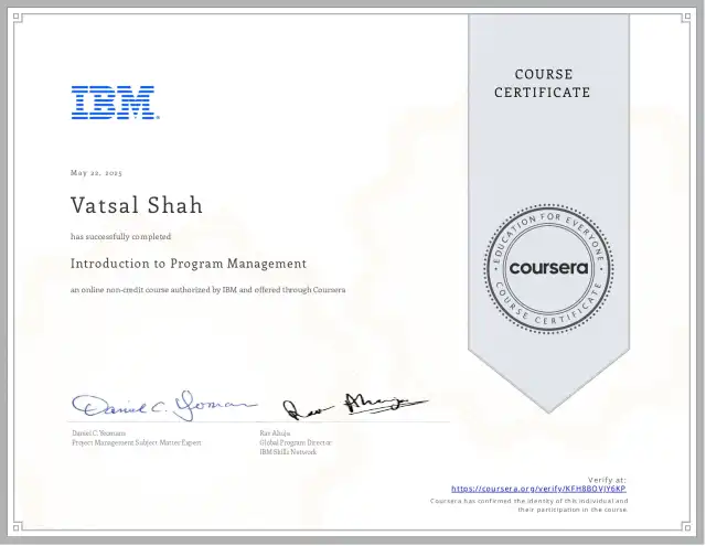 Introduction to Program Management — Vatsal Shah credential