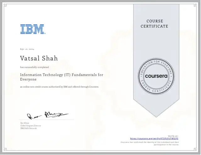 Information Technology (IT) Fundamentals for Everyone — Vatsal Shah credential