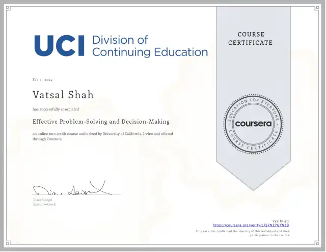Effective Problem-Solving and Decision-Making — Vatsal Shah credential