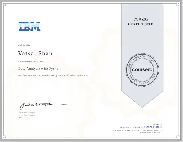 Data Analysis with Python — Vatsal Shah credential