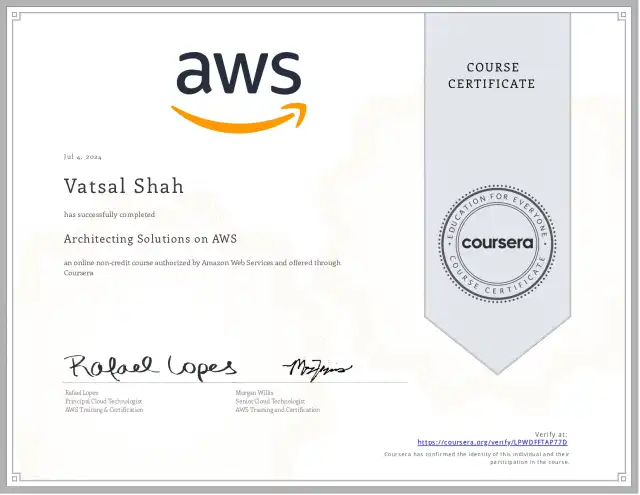 Architecting Solutions on AWS — Vatsal Shah credential