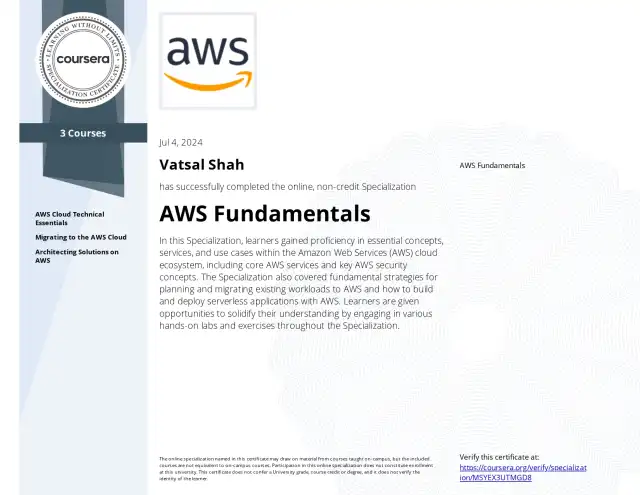 AWS Fundamentals — Vatsal Shah credential
