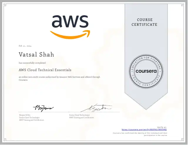AWS Cloud Technical Essentials — Vatsal Shah credential