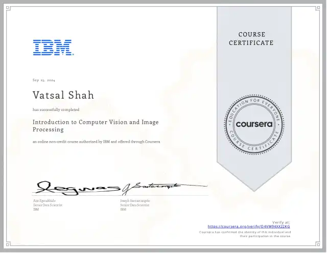 Introduction to Computer Vision and Image Processing — Vatsal Shah credential