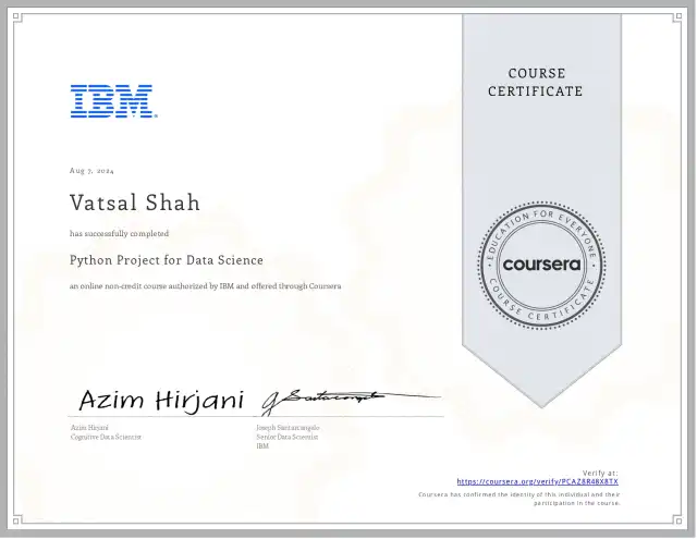 Python Project for Data Science — Vatsal Shah credential
