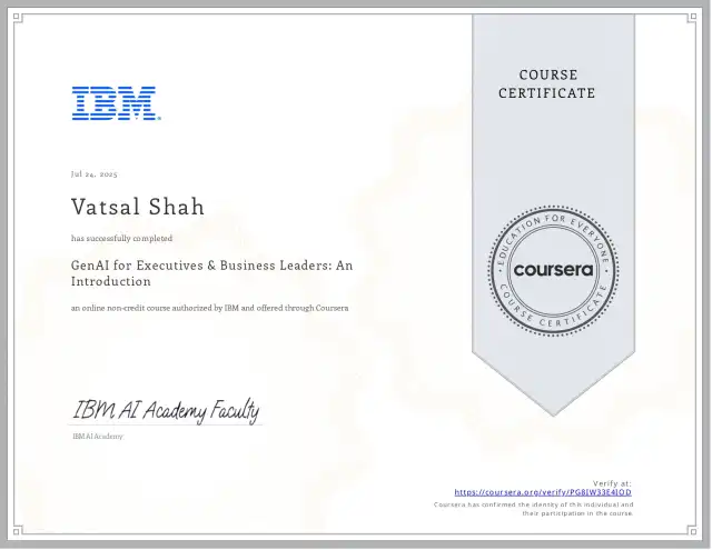 GenAI for Executives &amp; Business Leaders: An Introduction — Vatsal Shah credential