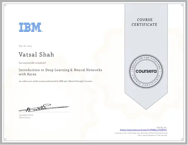 Introduction to Deep Learning &amp; Neural Networks with Keras — Vatsal Shah credential