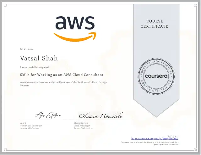 Skills for Working as an AWS Cloud Consultant — Vatsal Shah credential