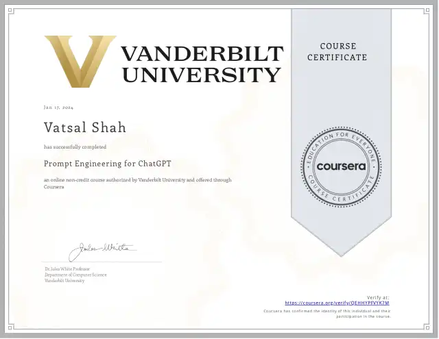 Prompt Engineering for ChatGPT — Vatsal Shah credential