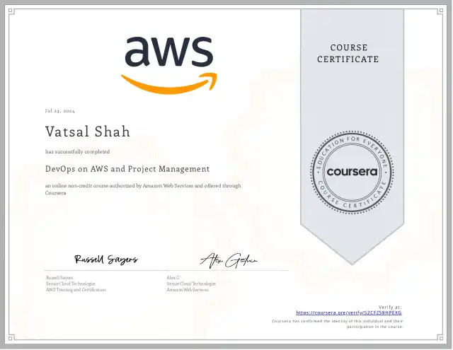 DevOps on AWS and Project Management — Vatsal Shah credential