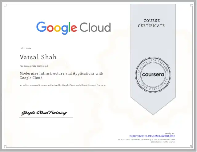 Modernize Infrastructure and Applications with Google Cloud — Vatsal Shah credential