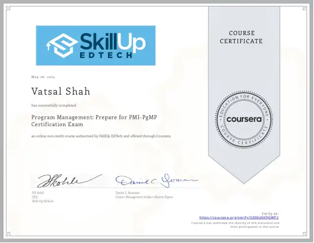 Program Management: Prepare for PMI-PgMP Certification Exam — Vatsal Shah credential