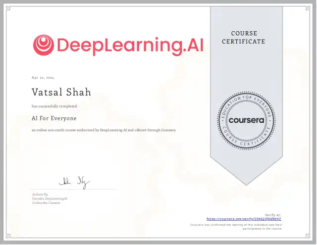 AI For Everyone — Vatsal Shah credential