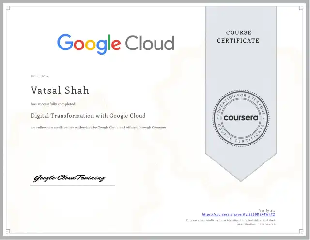 Digital Transformation with Google Cloud — Vatsal Shah credential